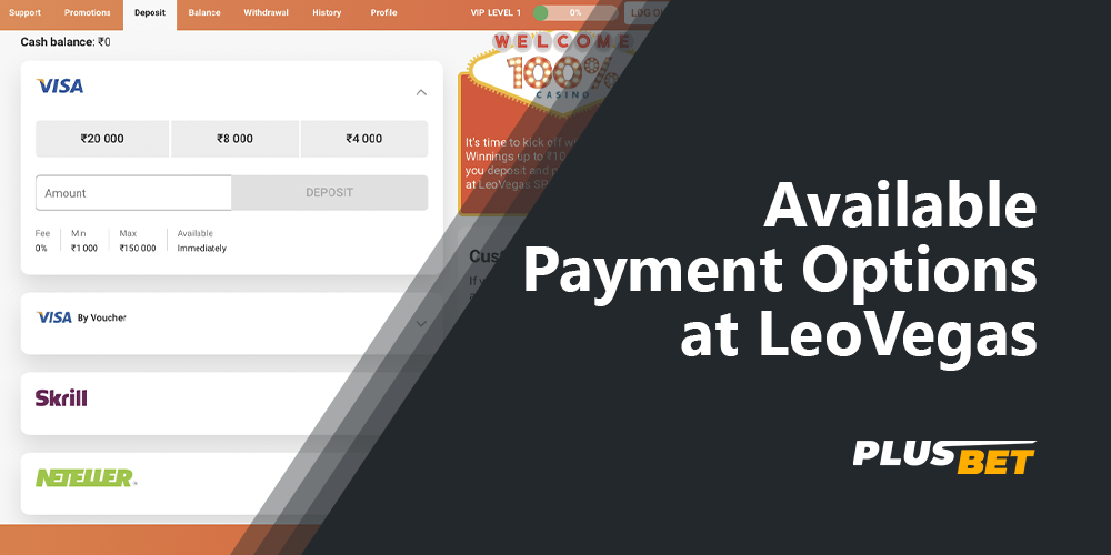 List of available payment methods in LeoVegas for players from India