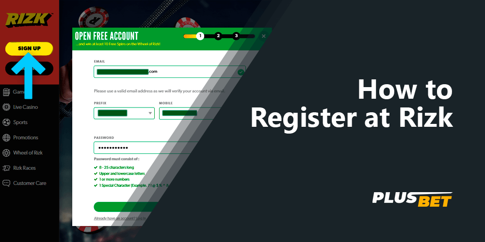 Step-by-step registration on the Rizk bookmaker website