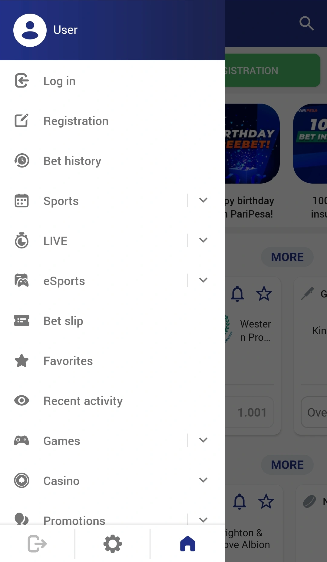 List of available sections in the app