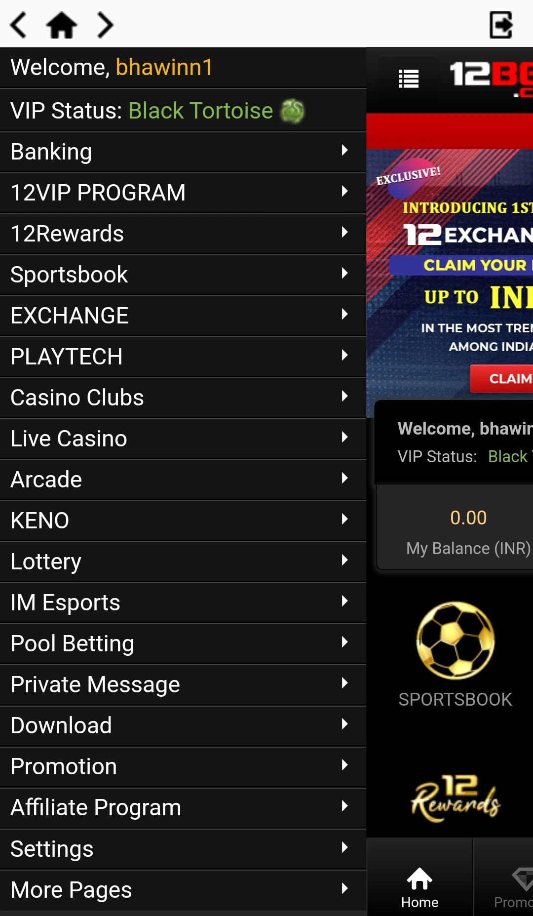 Menu and user navigation in the 12Bet app