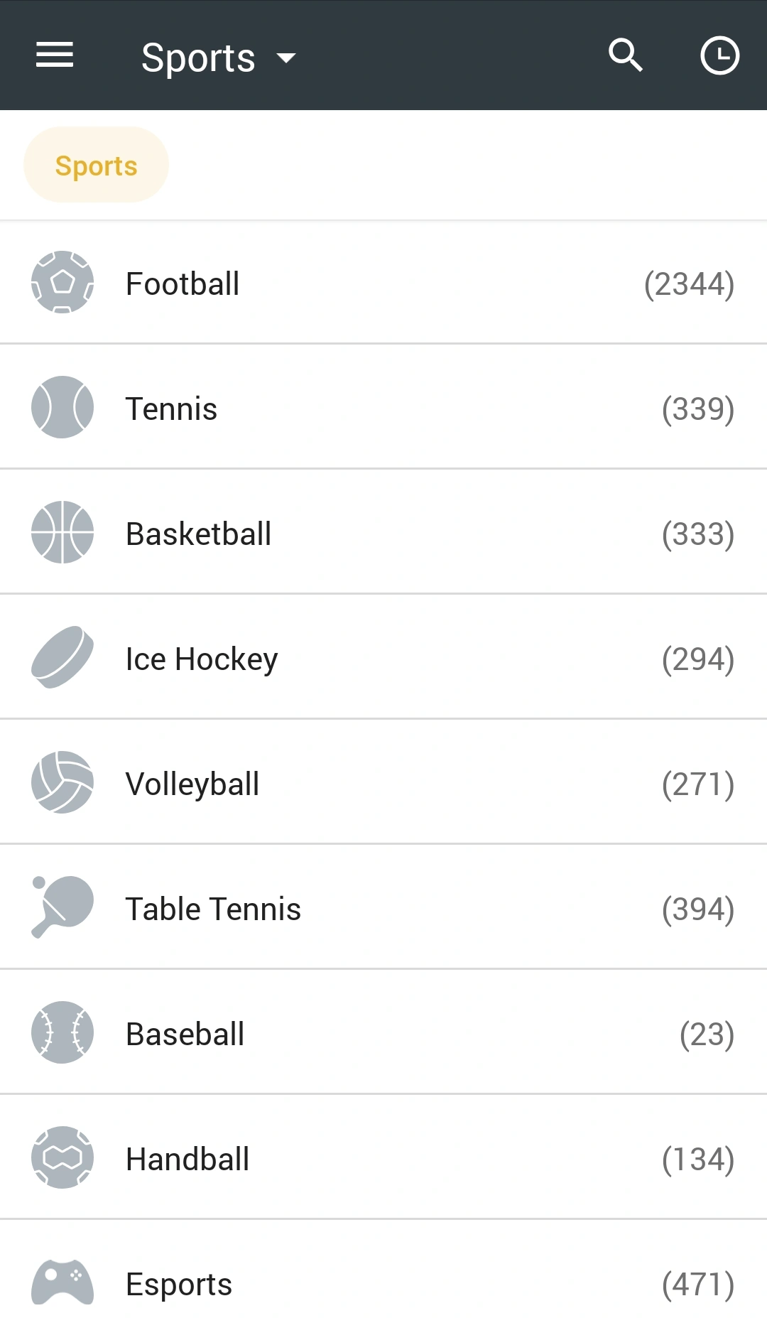 List of available sports categories