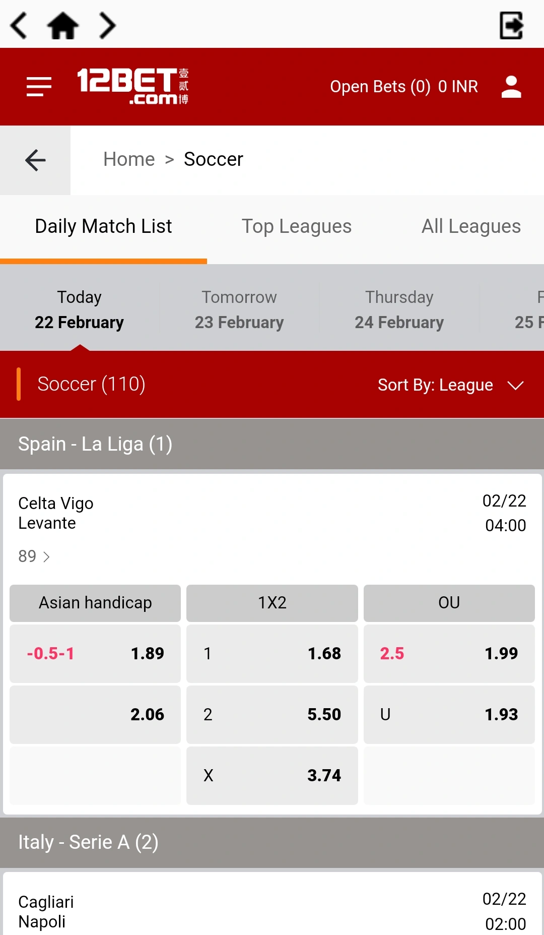 List of soccer matches on which you can bet
