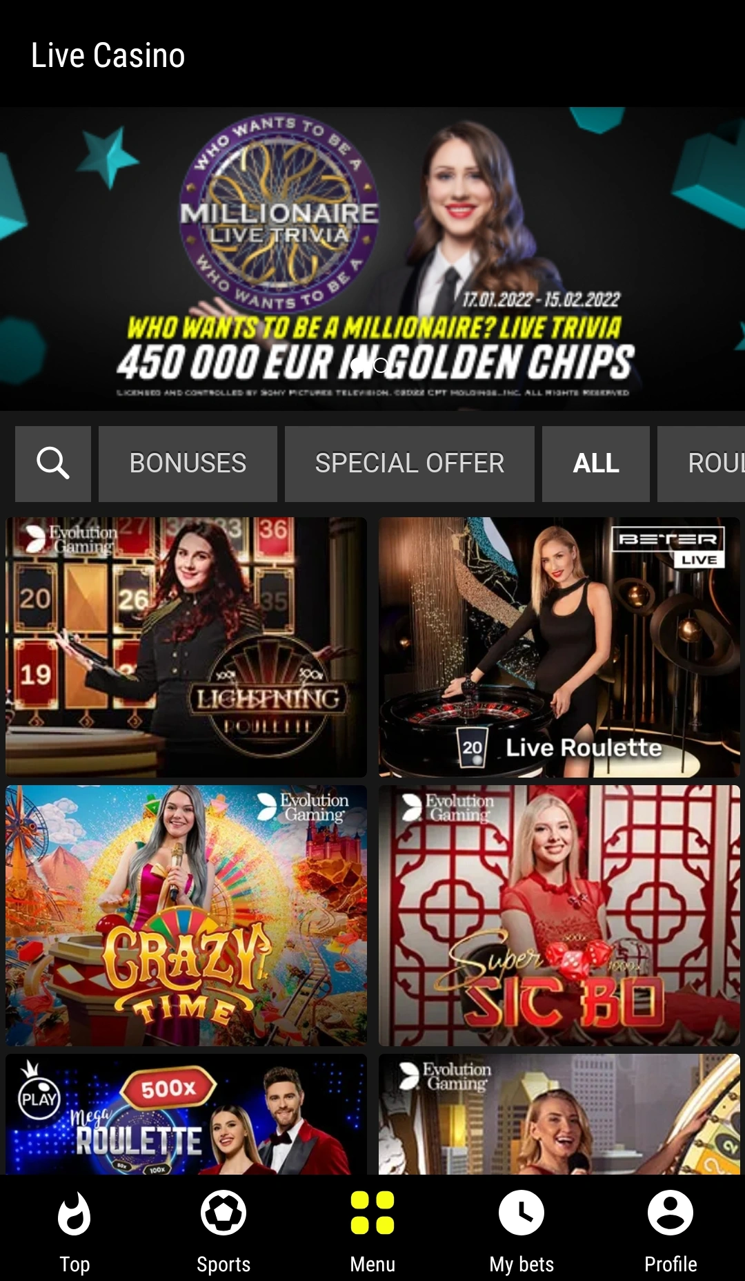 Casino section in the Parimatch app