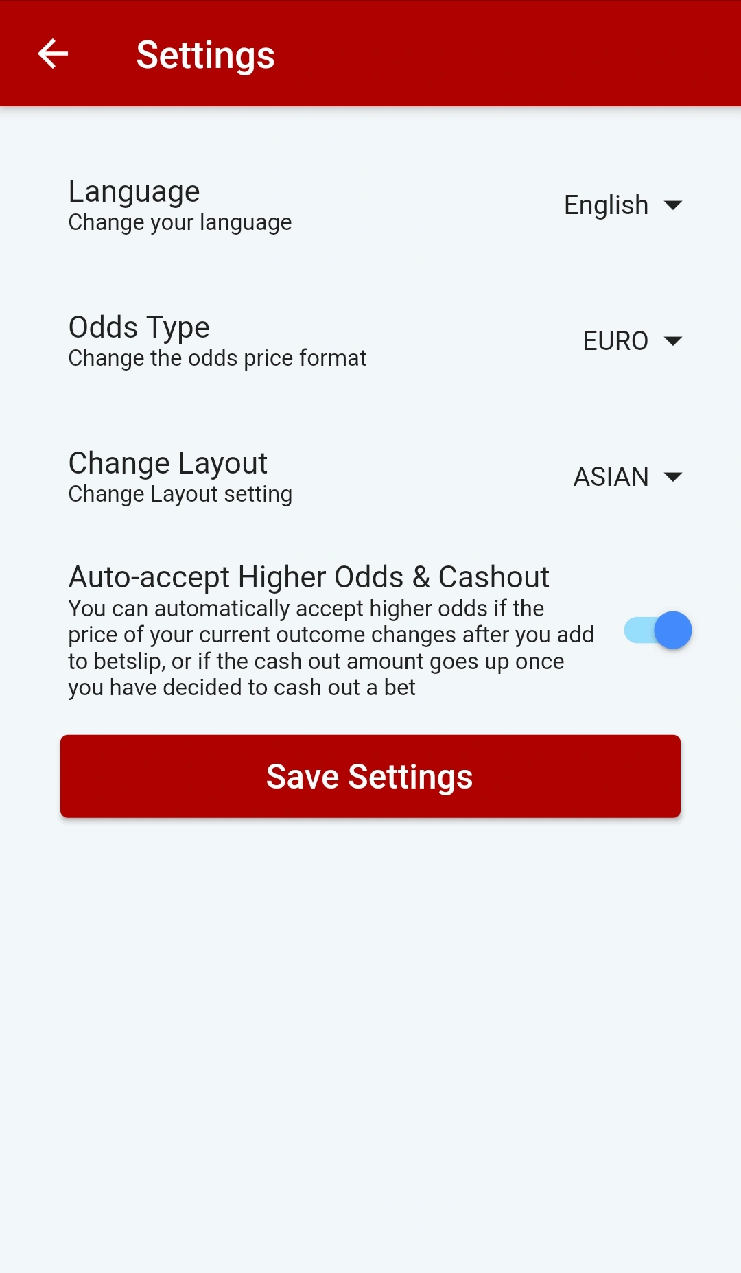 Global settings for the Dafabet app
