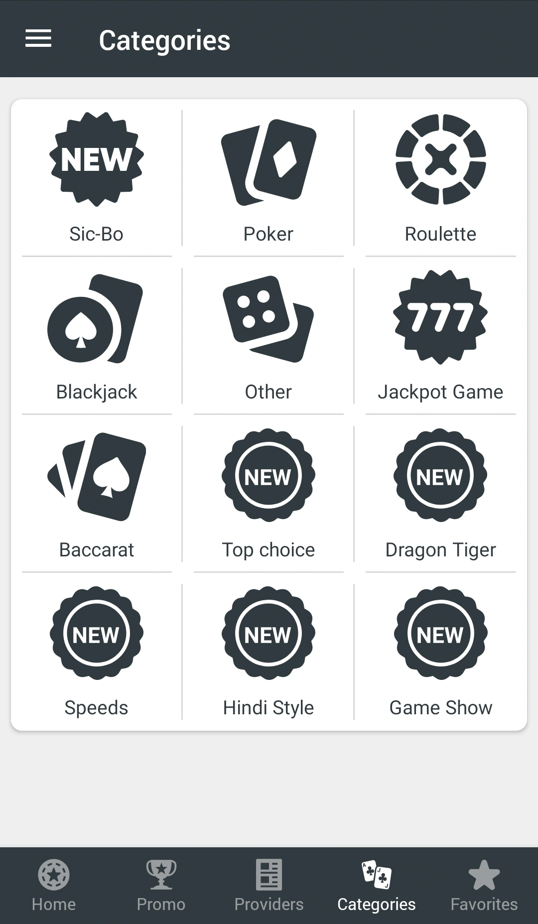 List of casino categories in the Melbet app