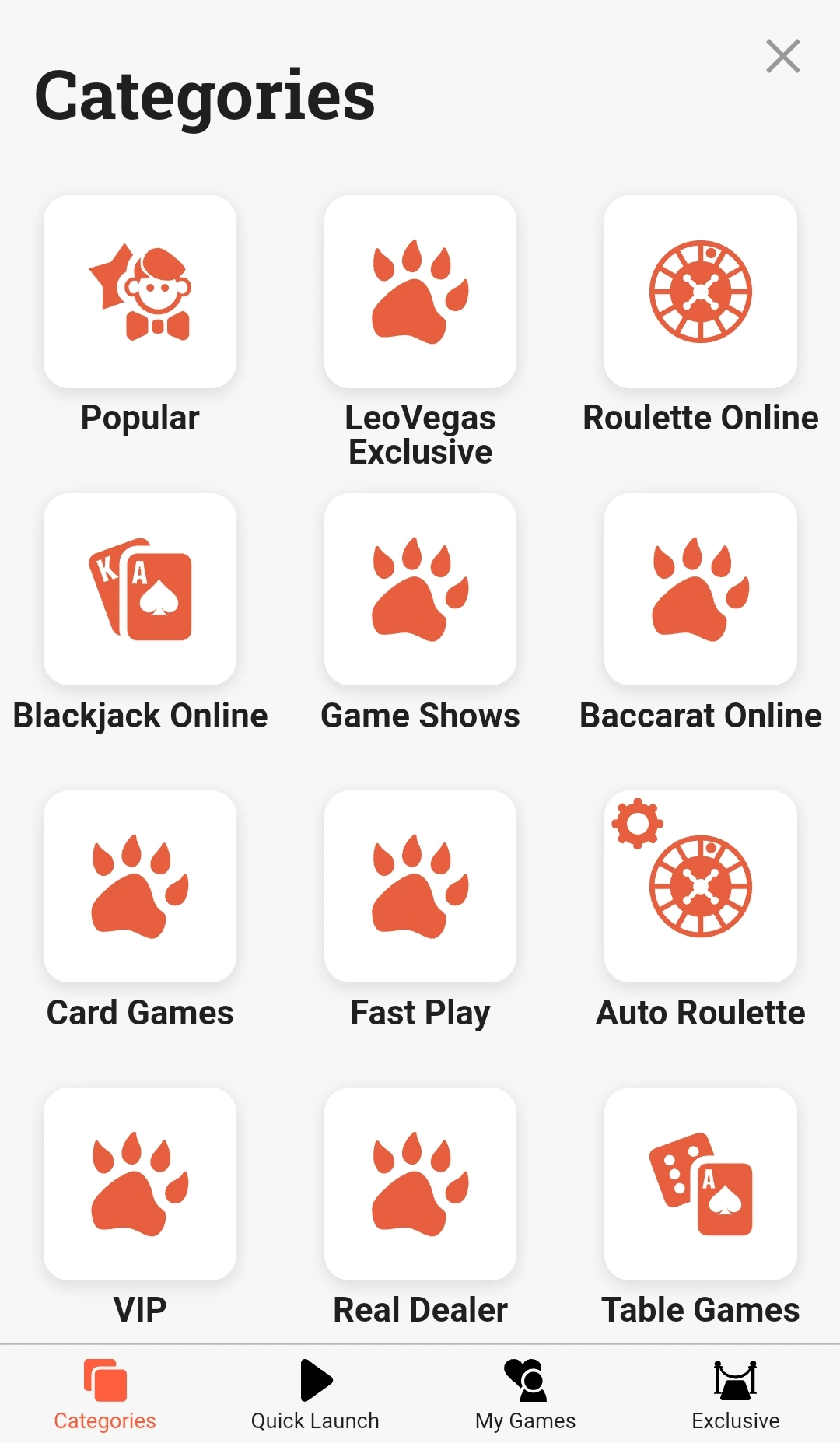 List of available categories in the casino section