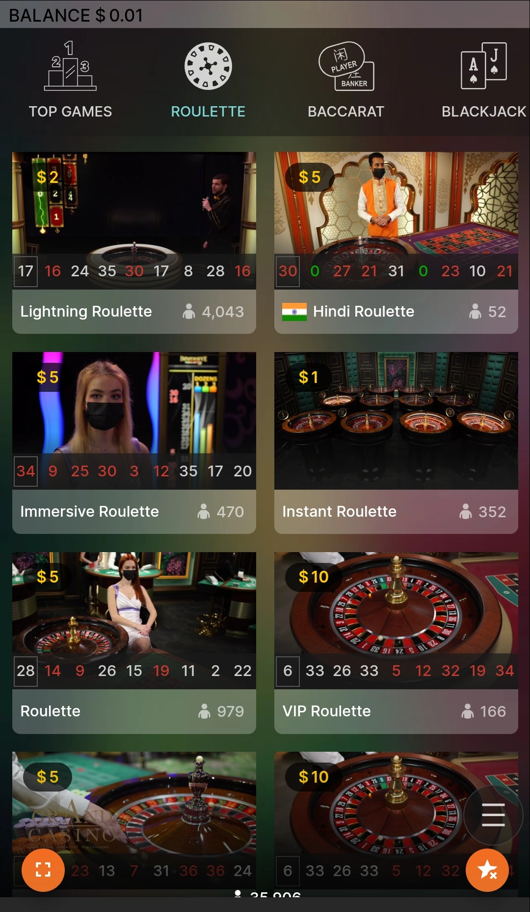 Online casino section in the mobile app