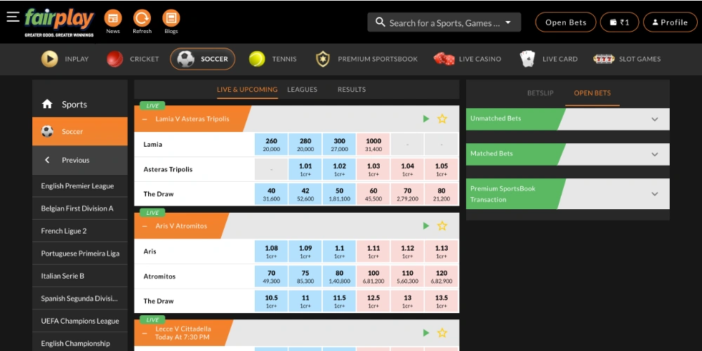 Soccer betting options on the bookmaker's site Fairplay