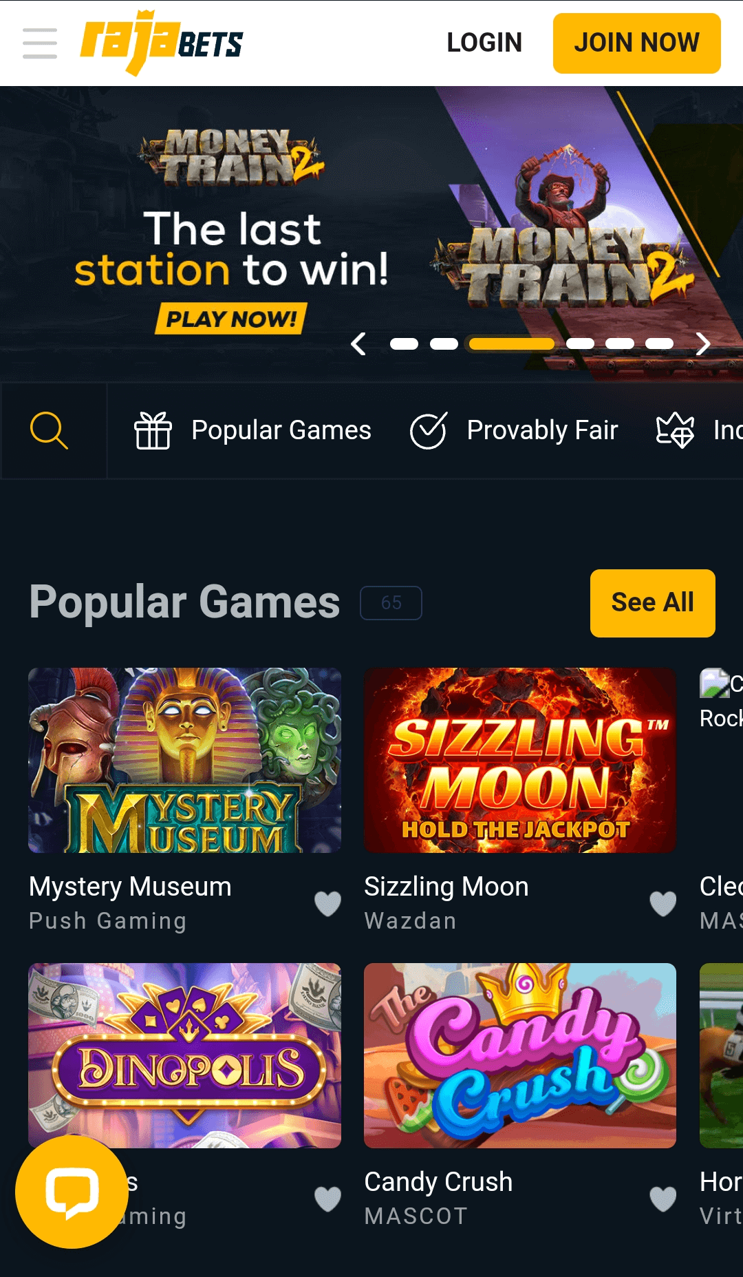 casino section in the rajabets app