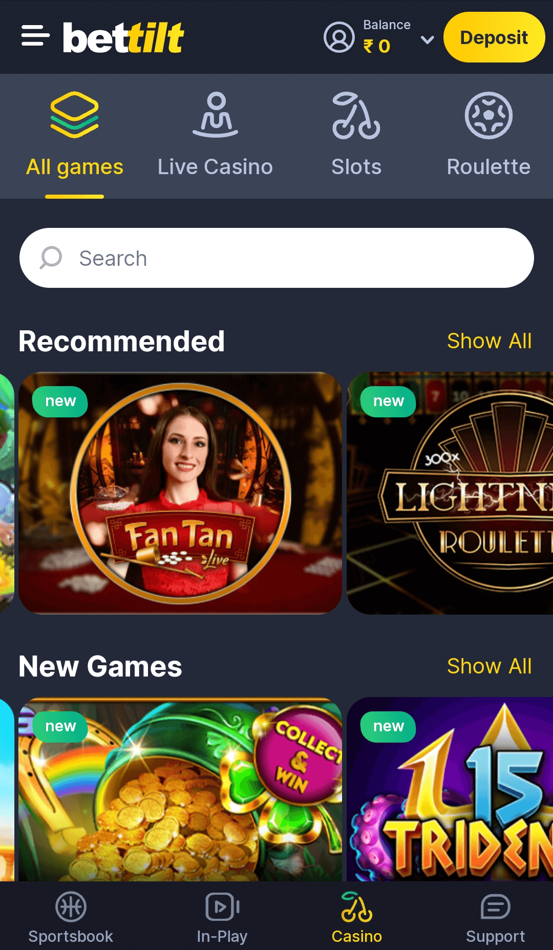 Online casino section in the bettilt app