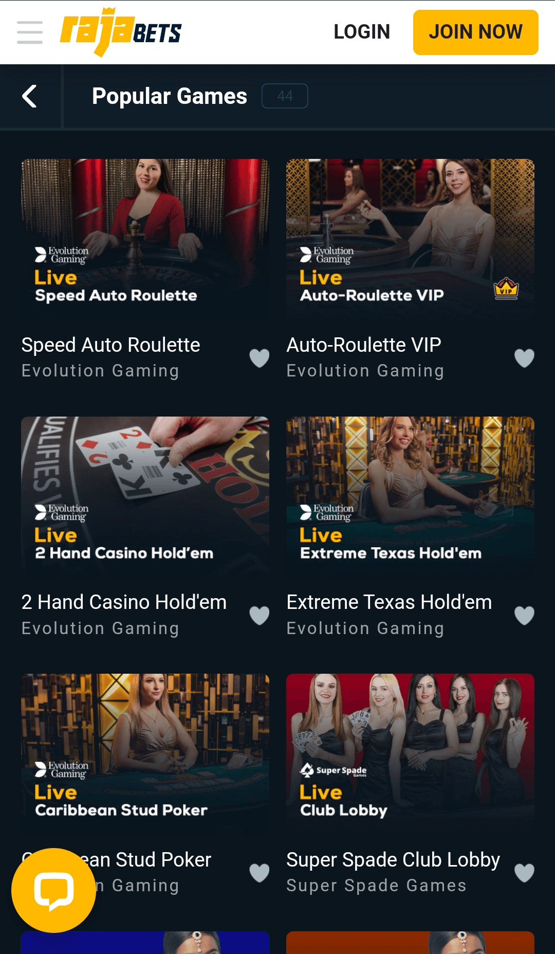 a separate live casino section in the rajabets mobile app