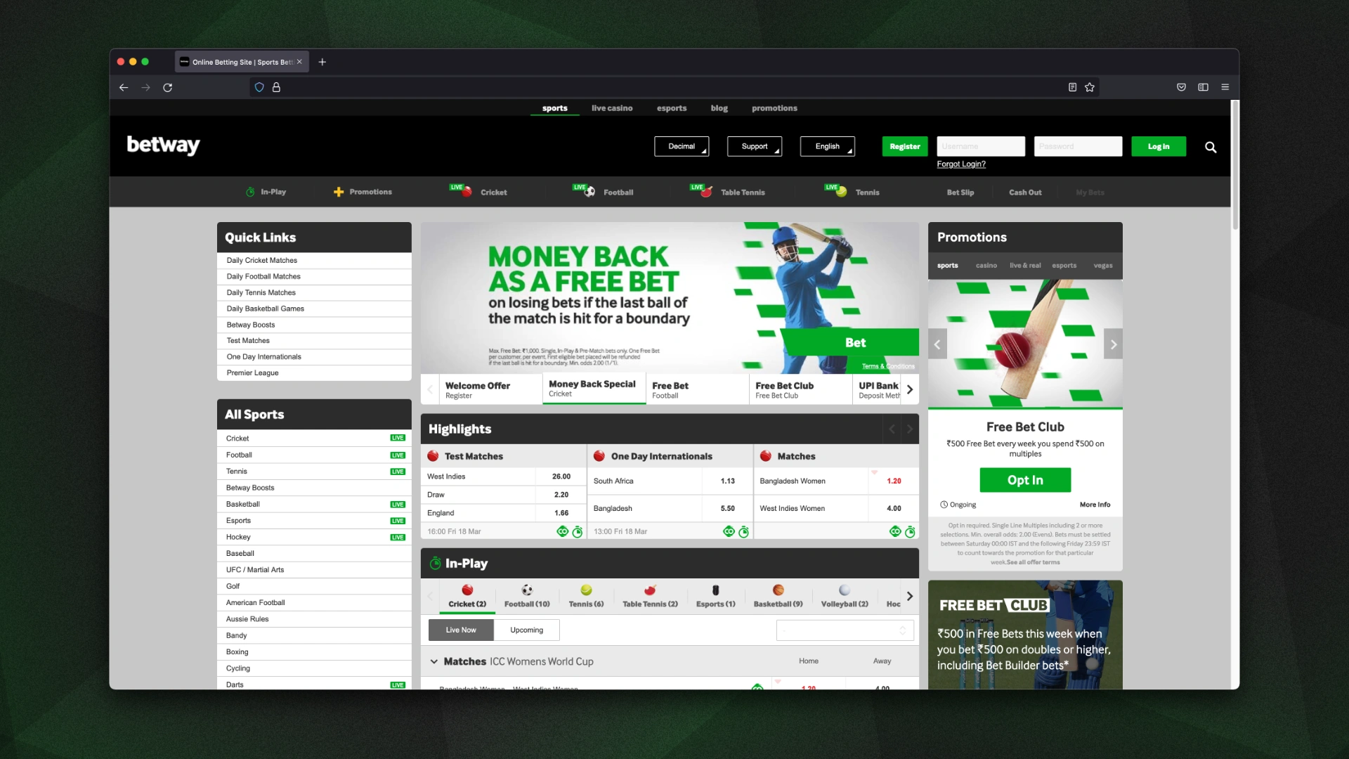 home page of betway india