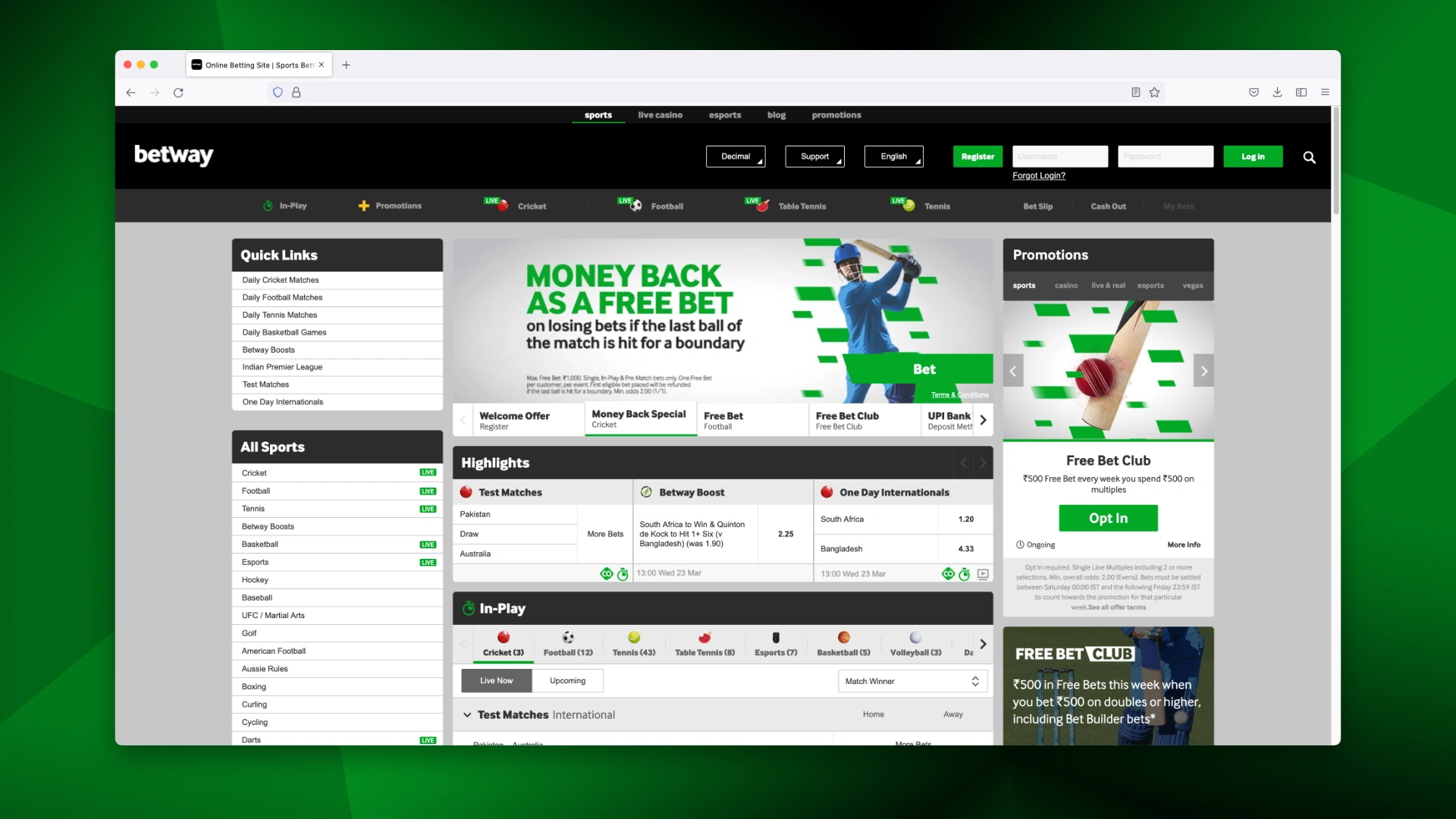 main page of betway india