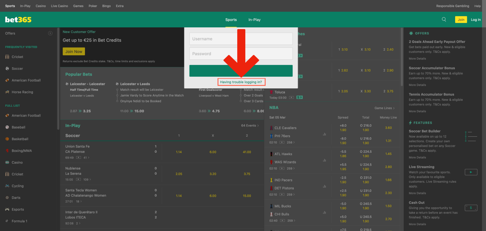 If you can't log in to your Bet365 account you can reset your account password