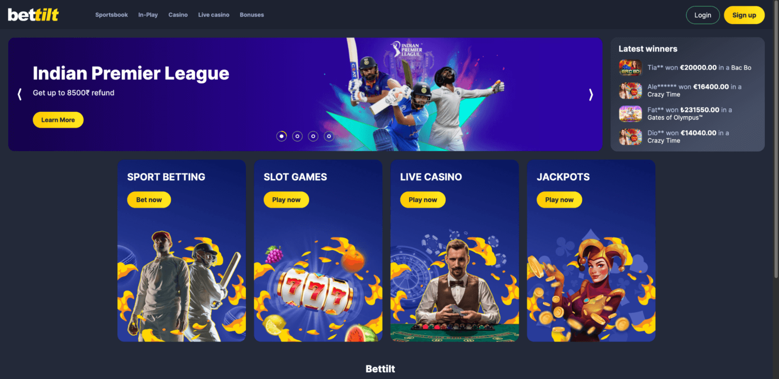 the homepage of bettilt, a popular betting company in india