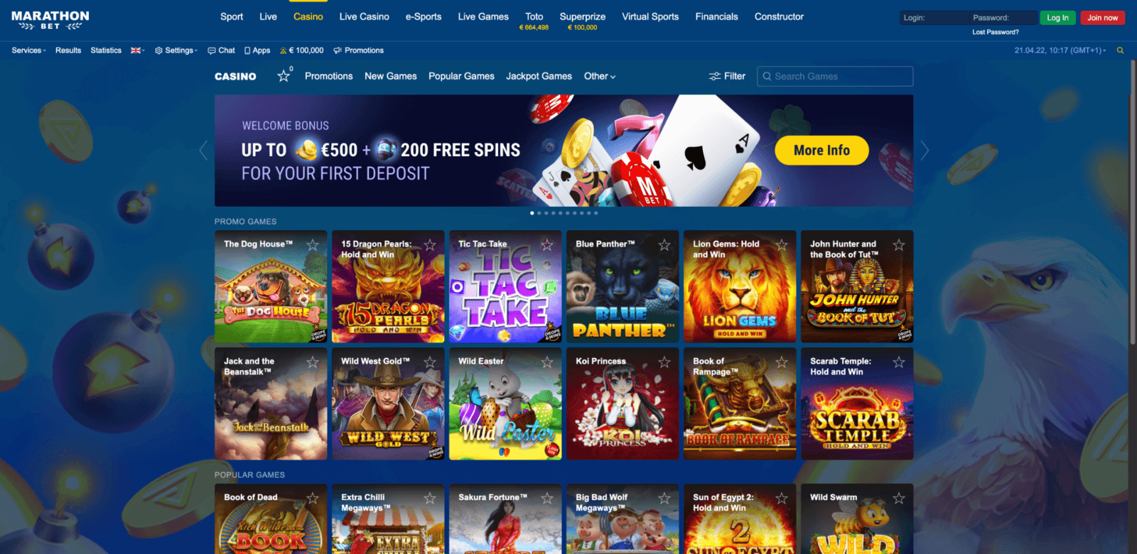 a special section of the online casino on the site marathonbet