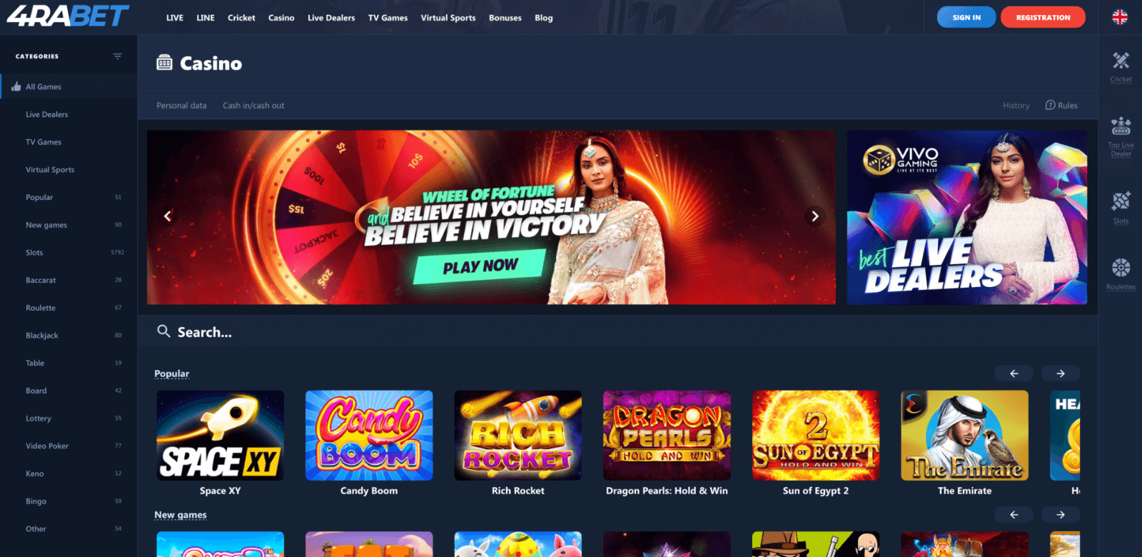 main page of the casino section of 4rabet