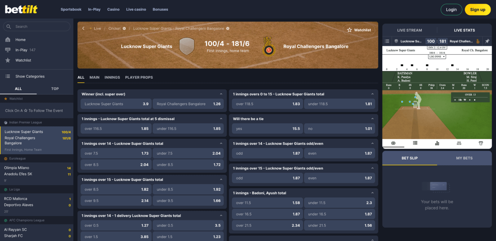 page with the selected match, its bets and odds