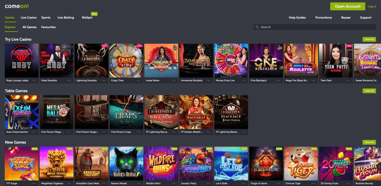 a separate casino section on the ComeOn website