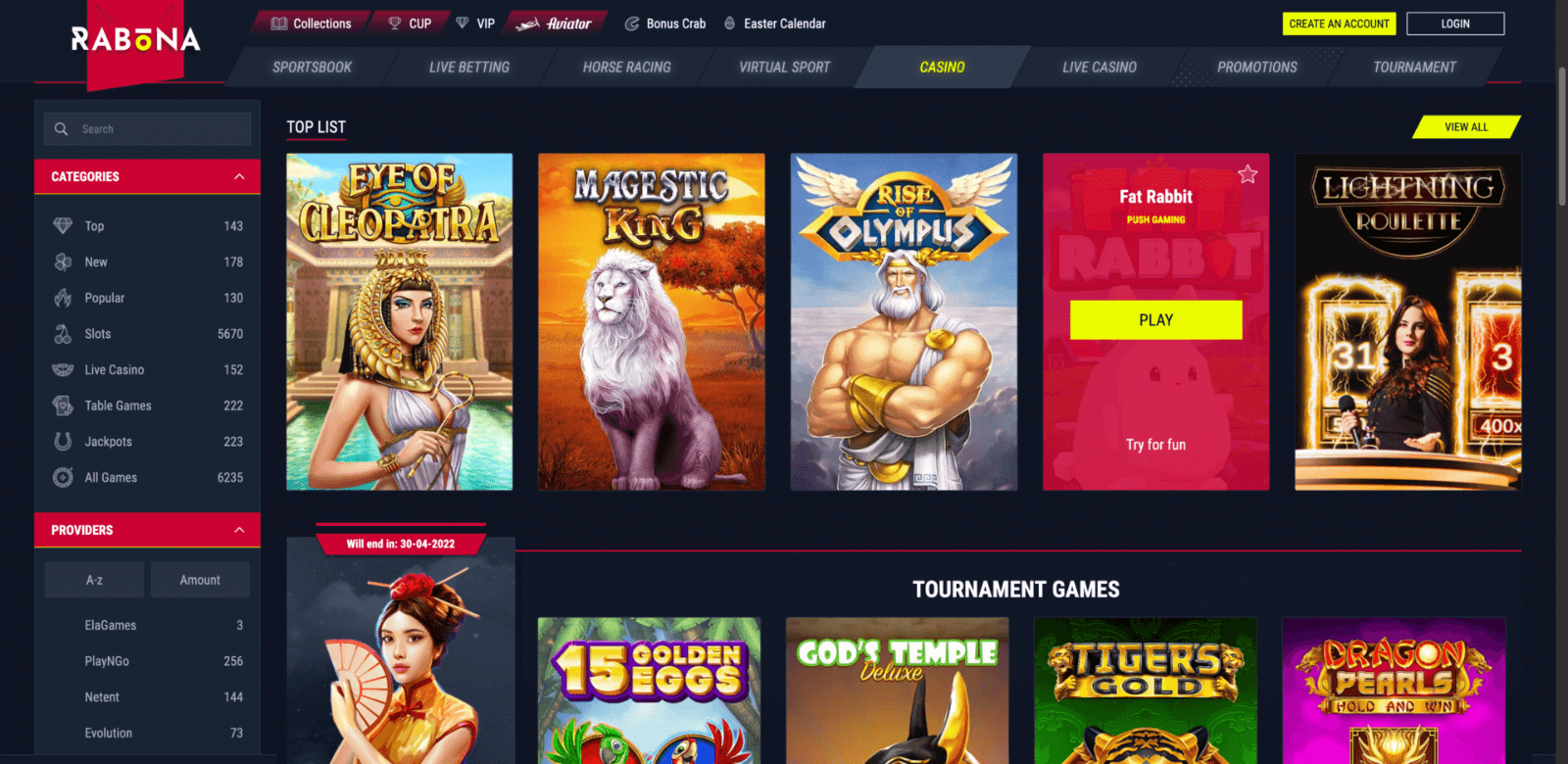 rabona online casino section