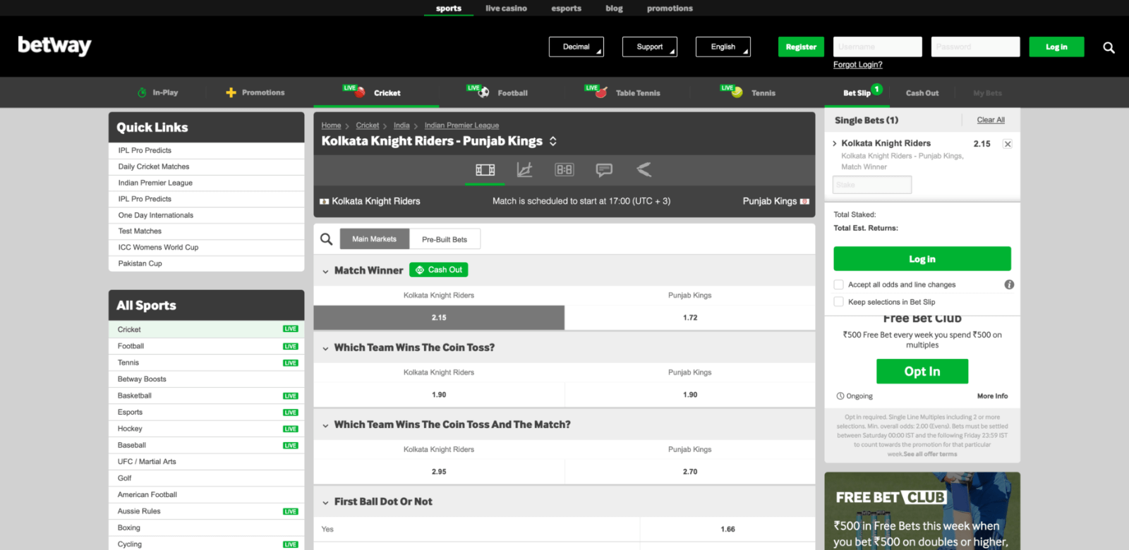 Betting and odds page