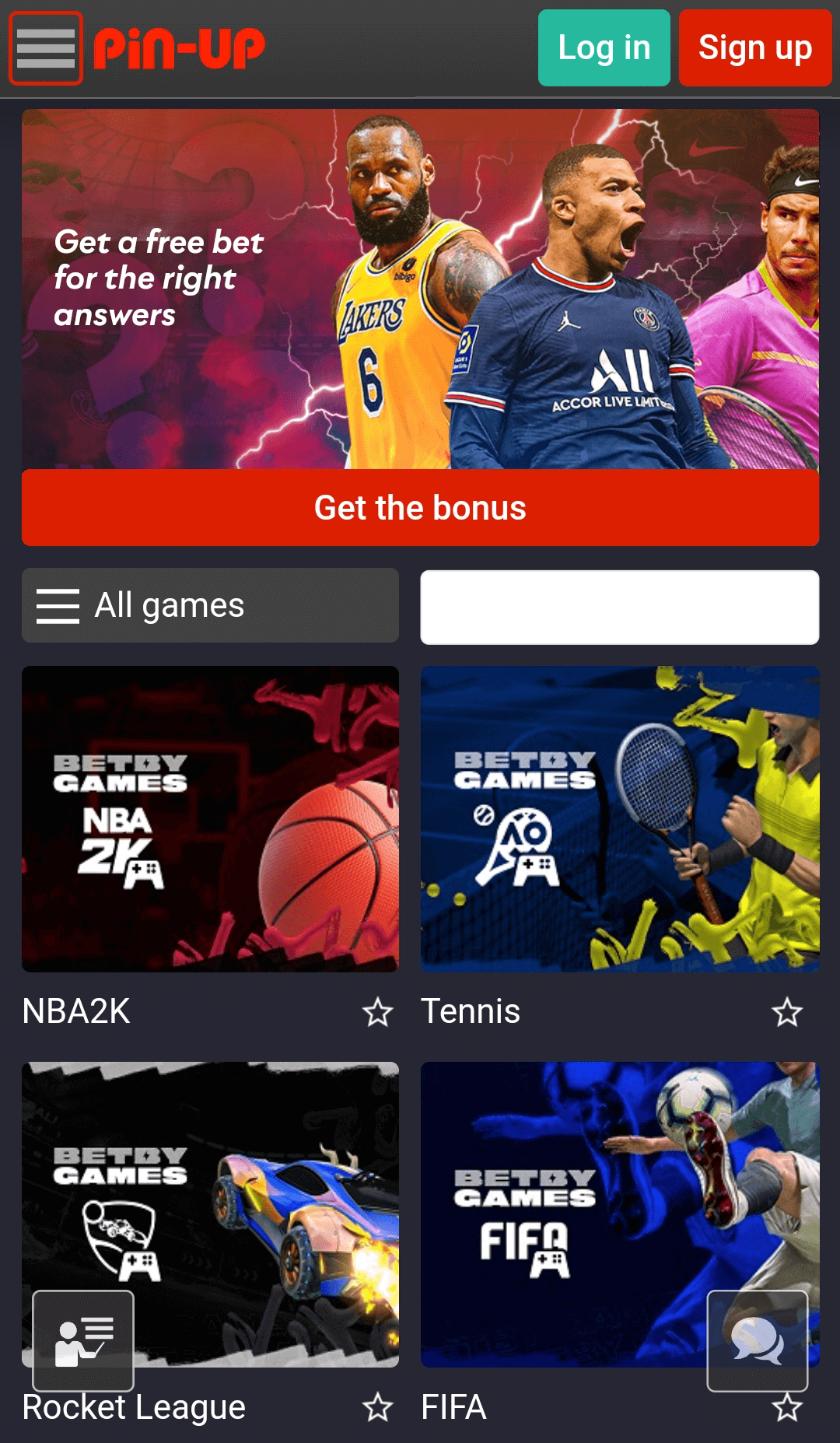 vsports section in mobile app PinUp