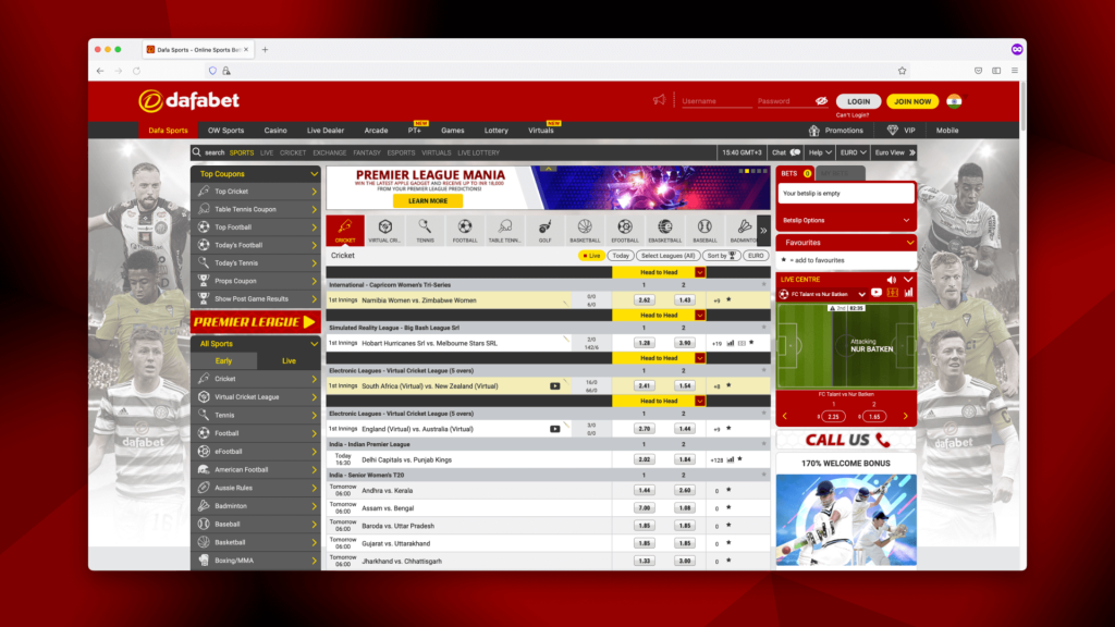 the homepage of dafabet, a popular betting company in india