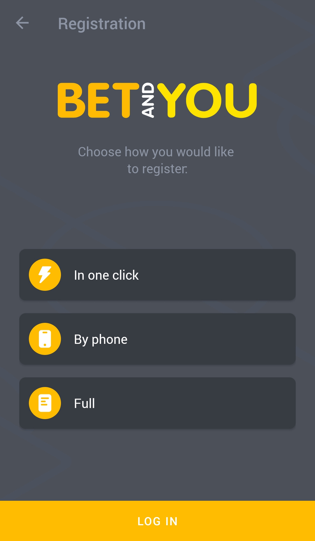 Form and registration options for the BetAndYou mobile app