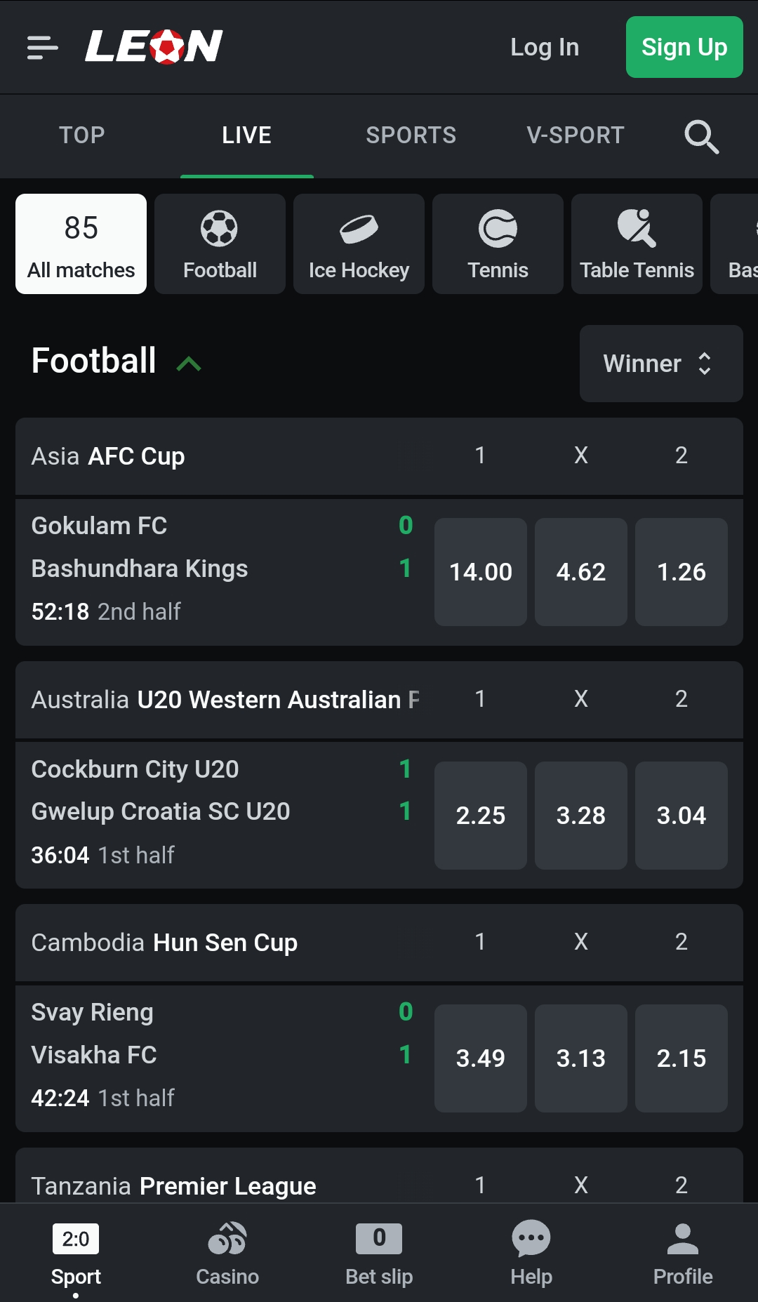 The list of live matches in the Leon Bet app