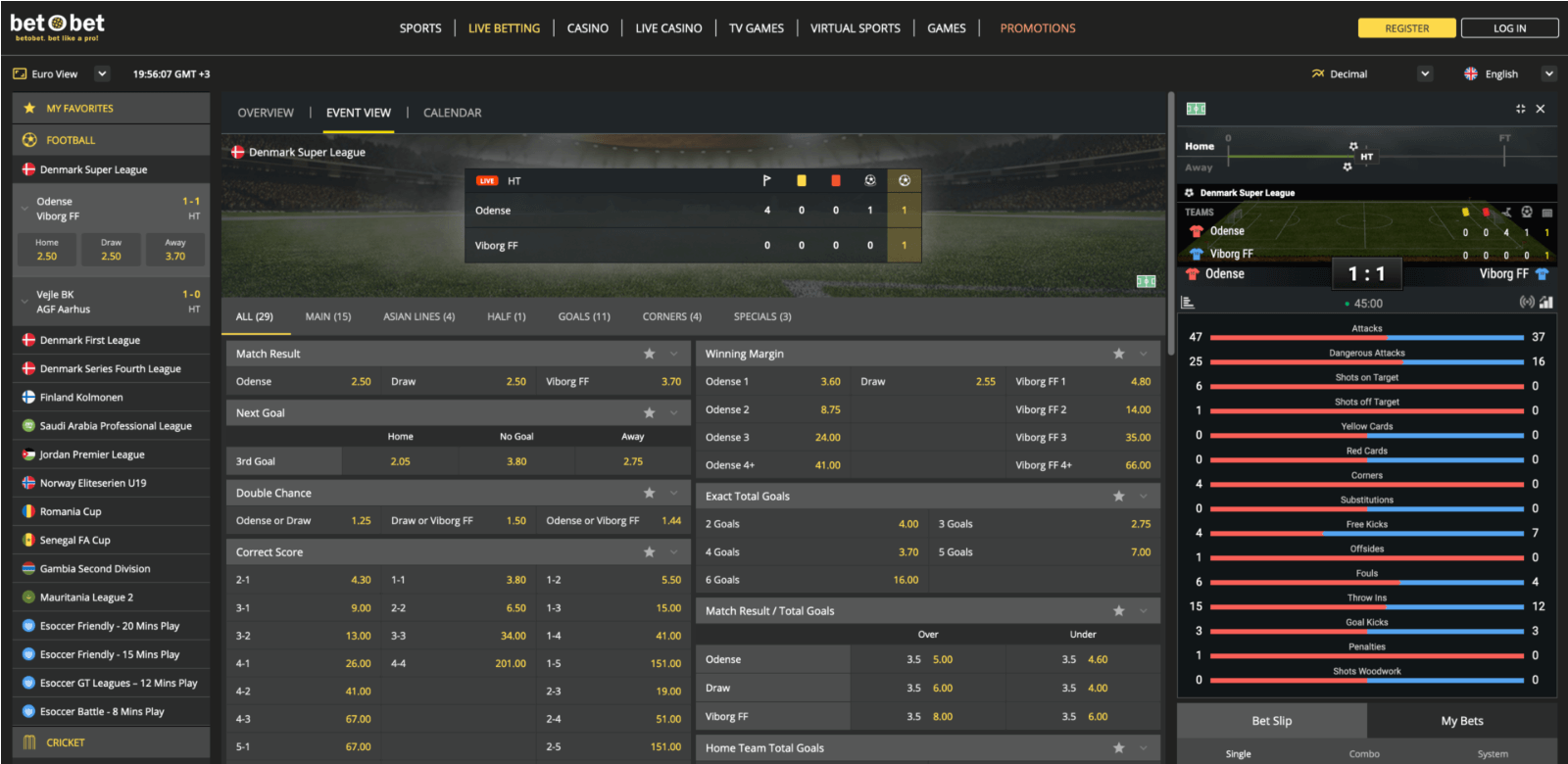 Bet and odds page on the Betobet website