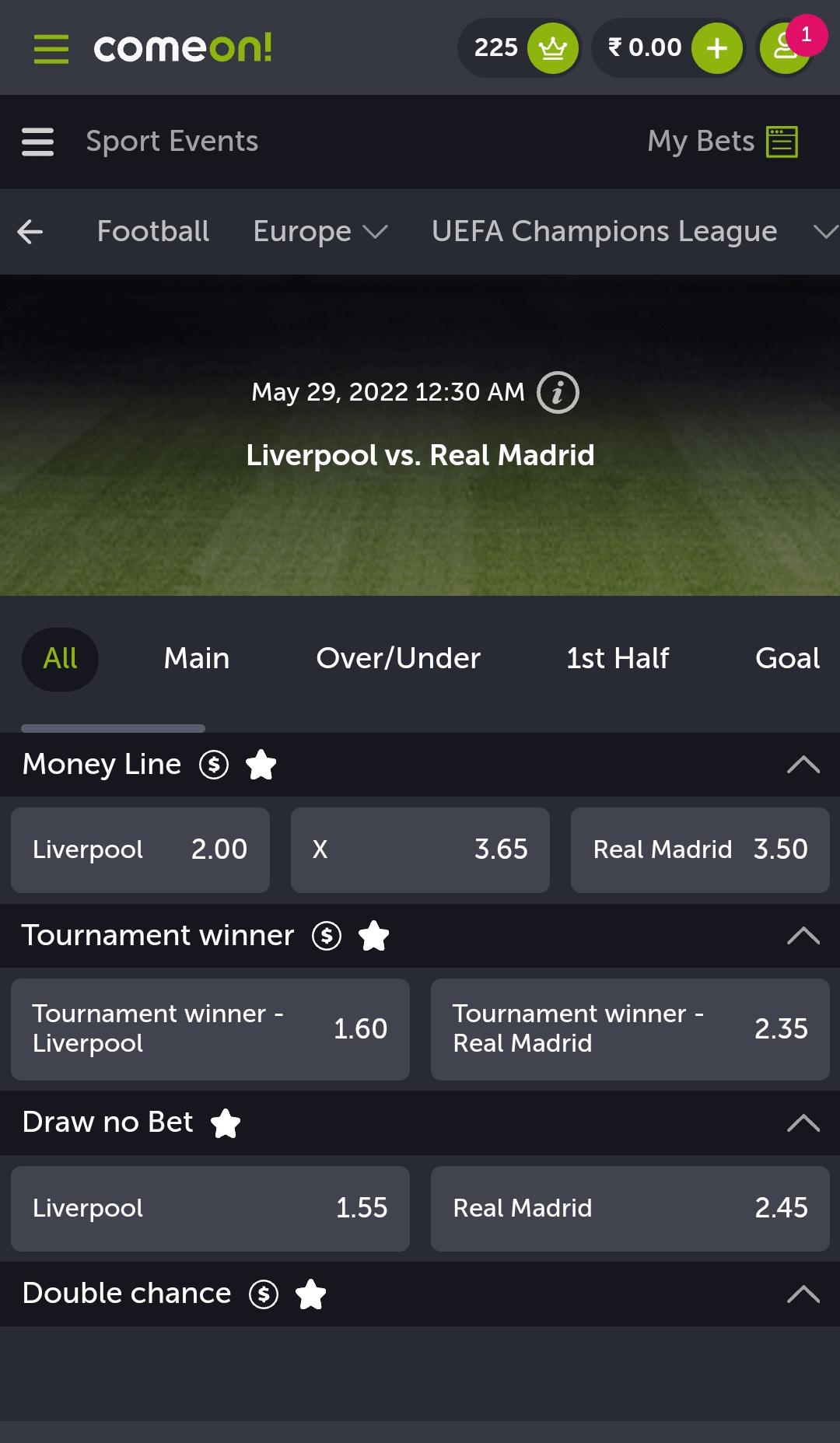 Bets and match odds in the ComeOn app