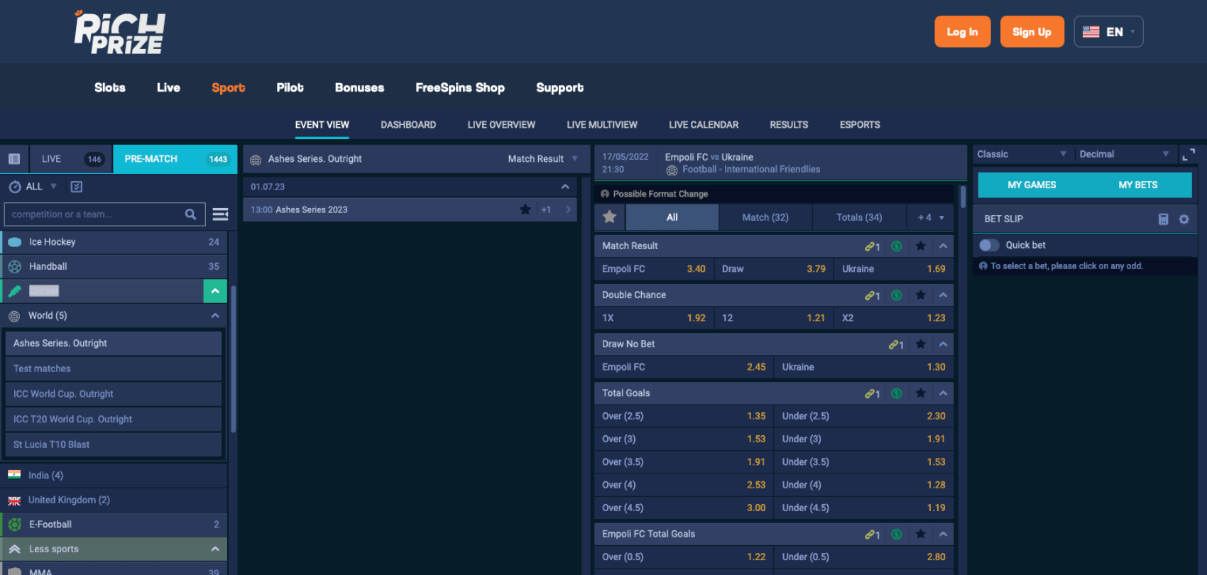 Richprize section with sports betting