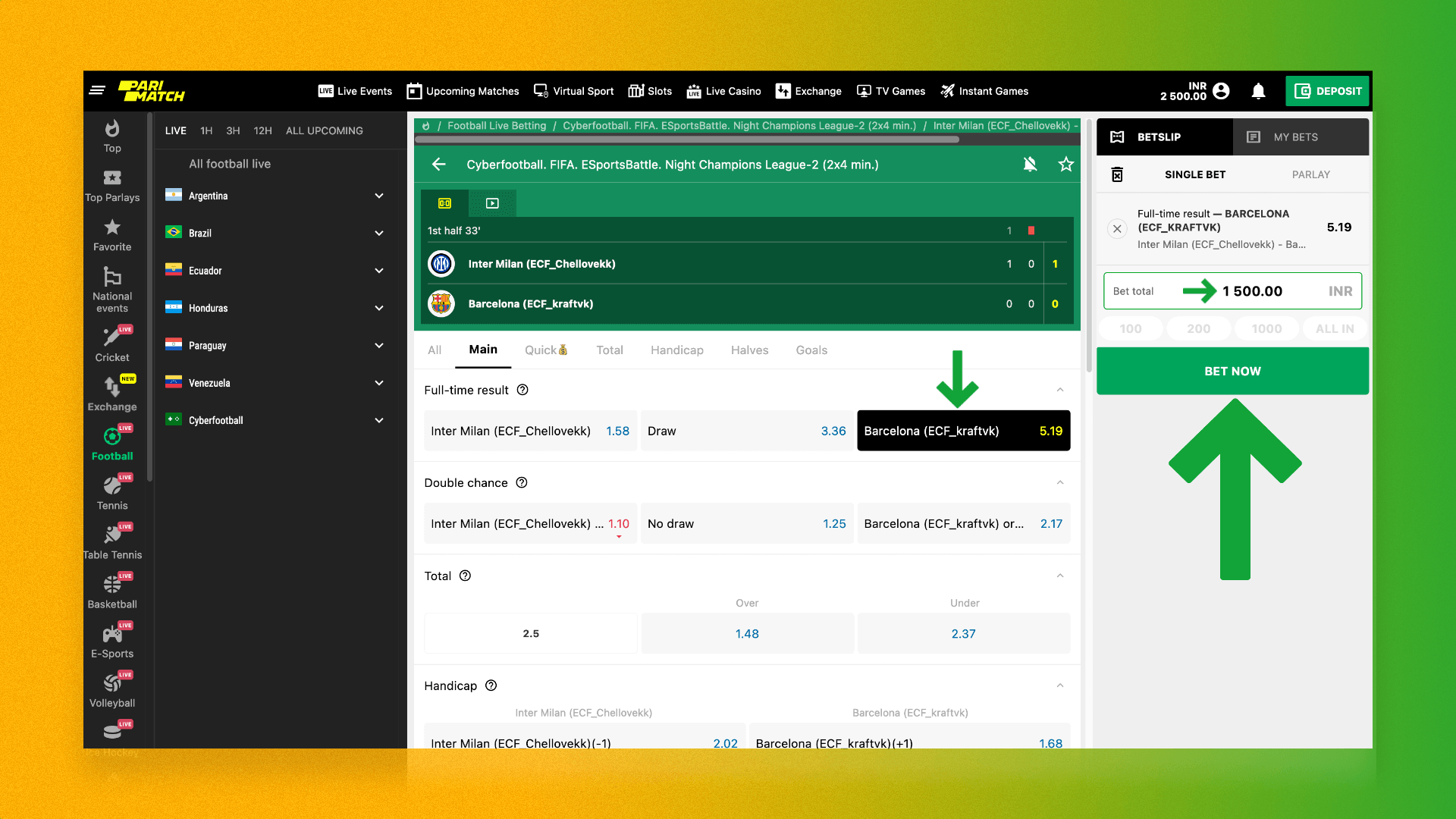 Example of a bet on Parimatch