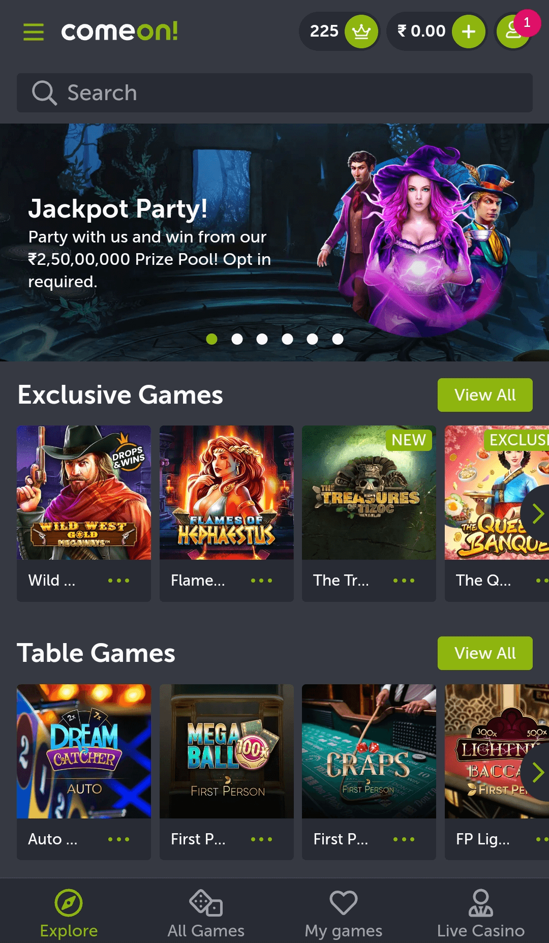 Casino section in the ComeOn app