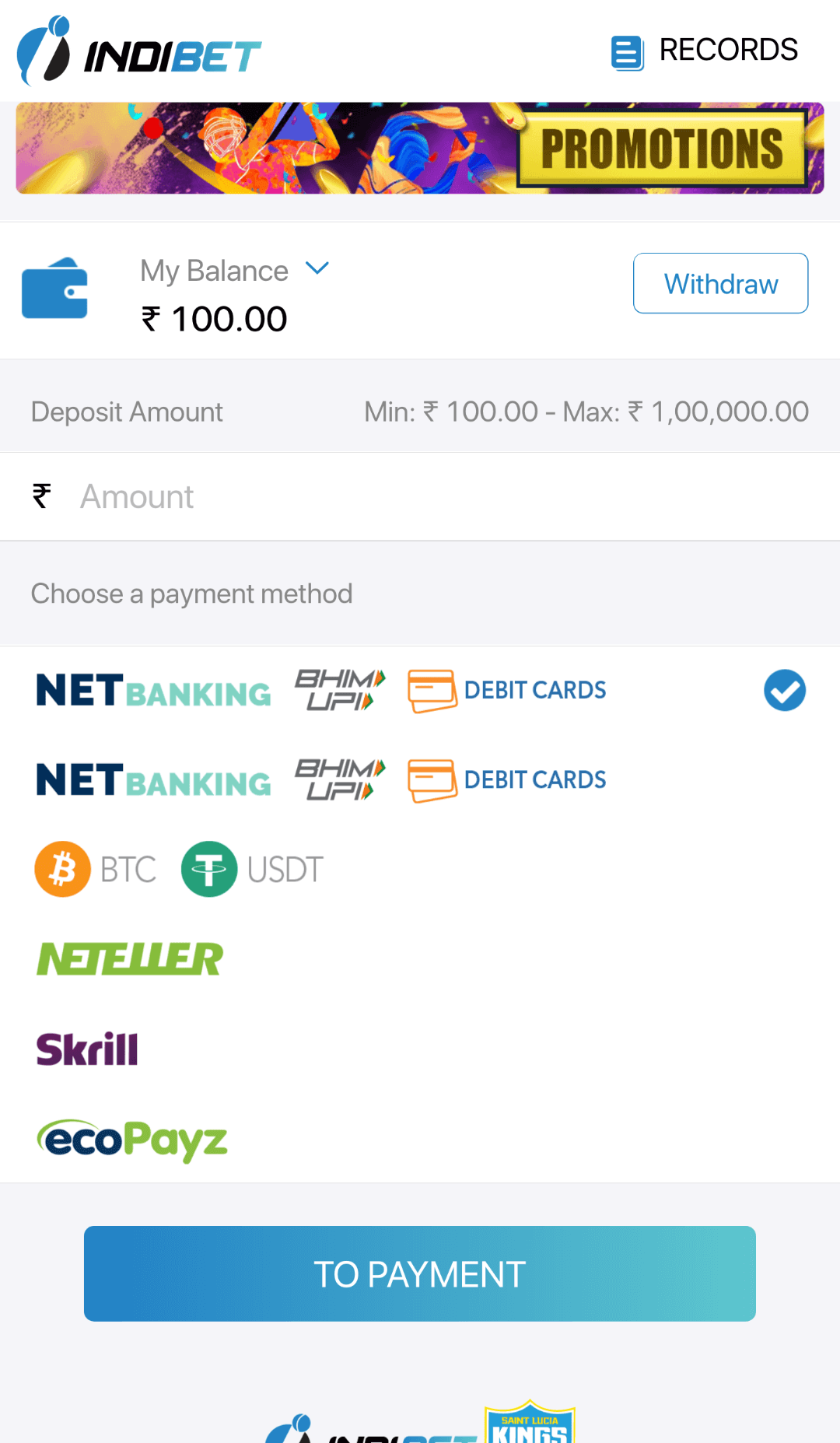 Payment methods in the Indibet Androd app