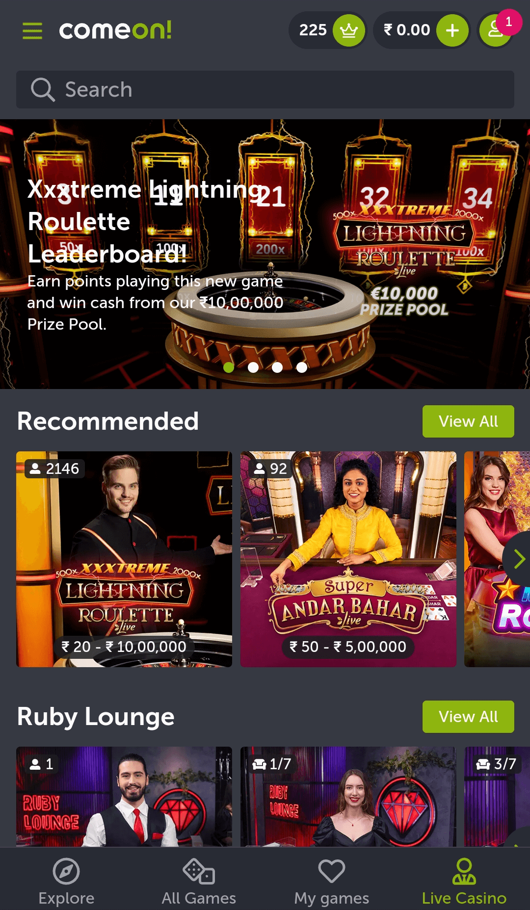 Live-casino with real dealers in the ComeOn app