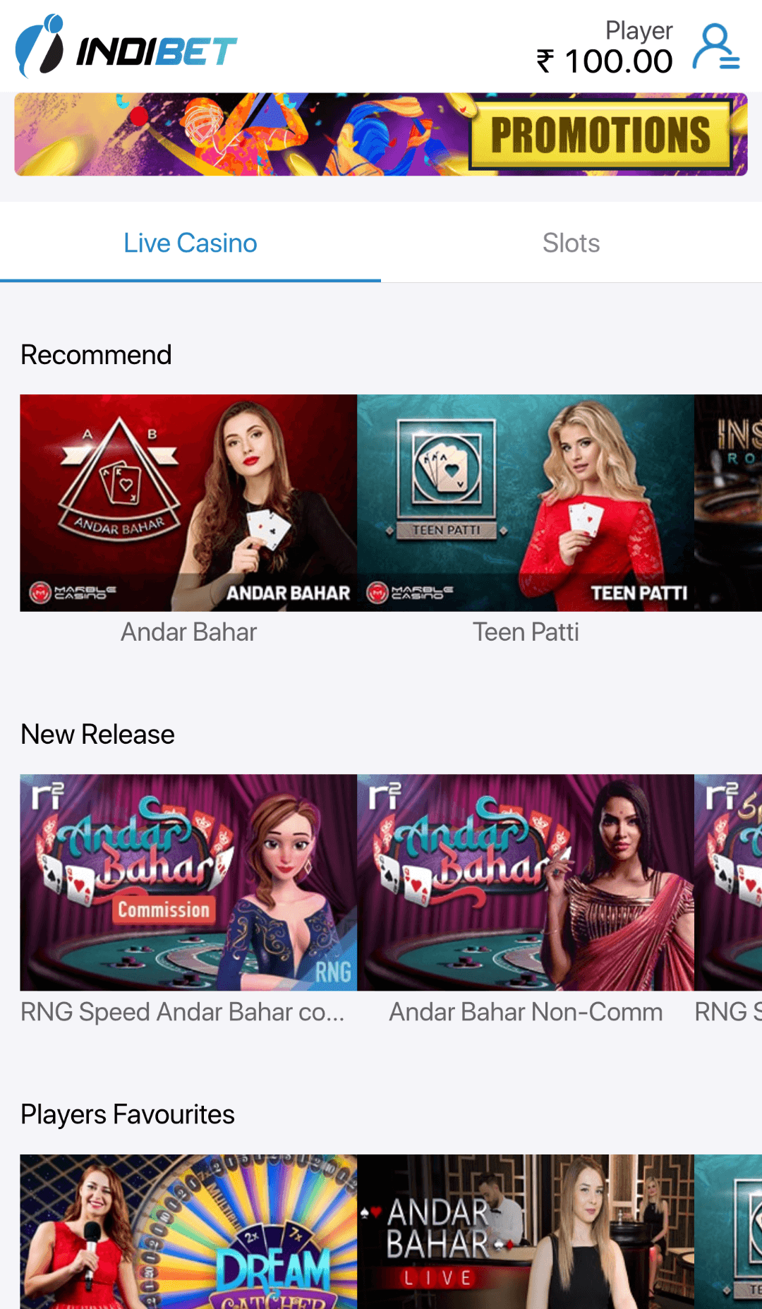 A separate casino section in the Indibet app