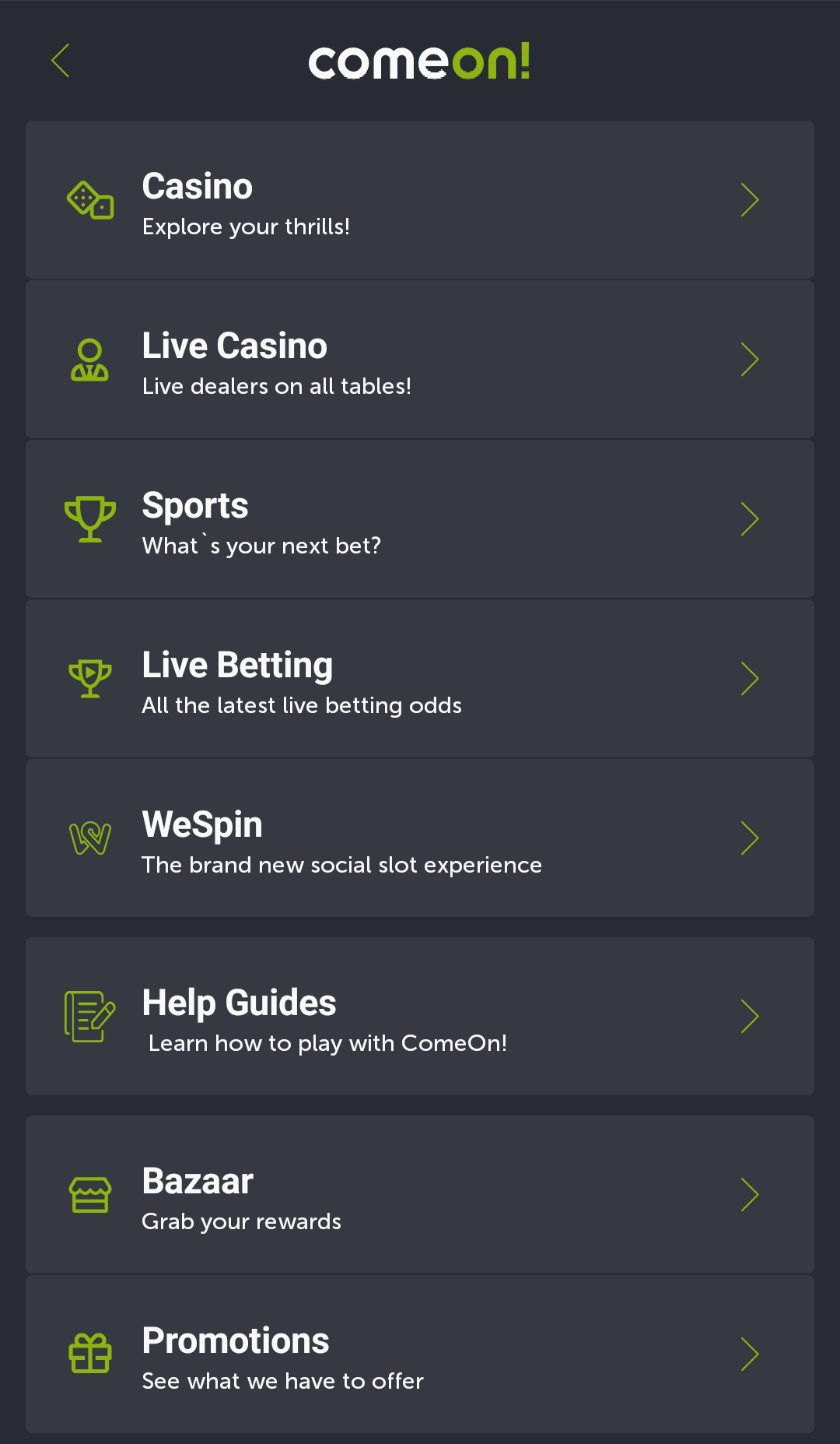 Main menu and navigation in the mobile sports betting app ComeOn!