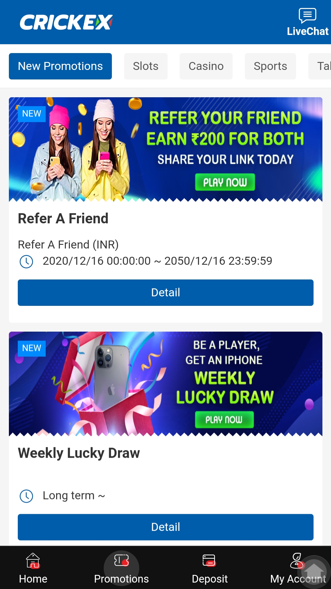 tab with bonuses and crickex promotions