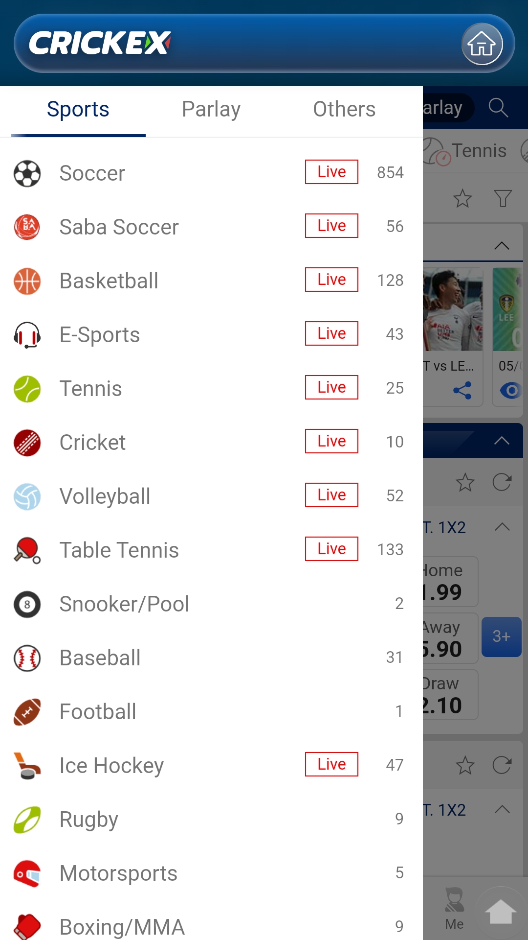 the list of available sports on which you can bet in the crickex app