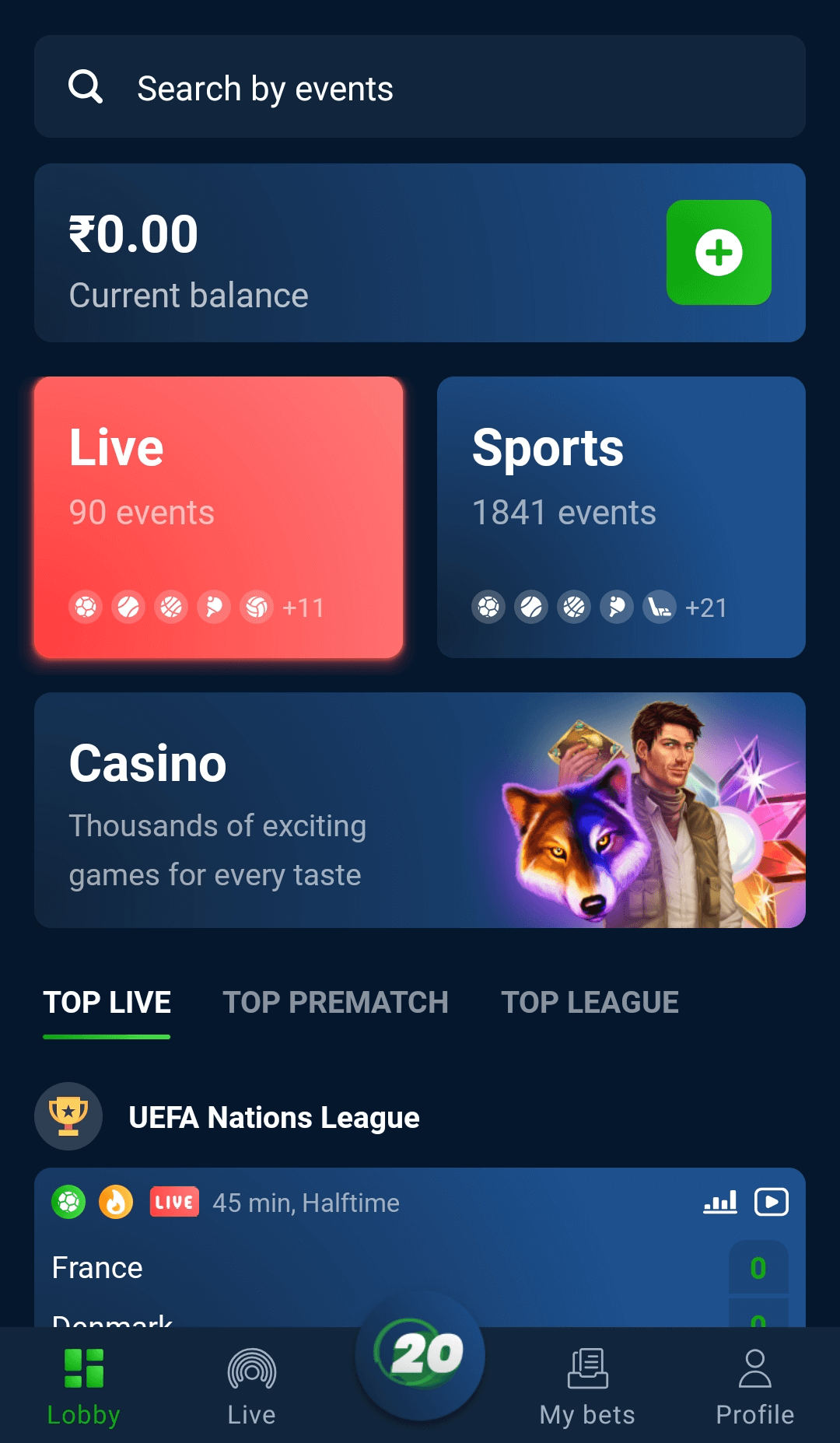 The main section in the 20Bet mobile app