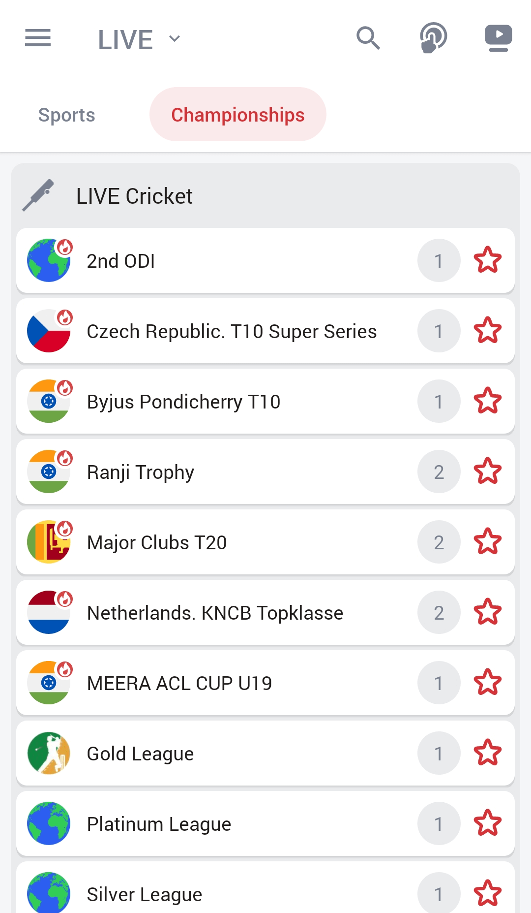 Cricket live betting list in the 888starz app