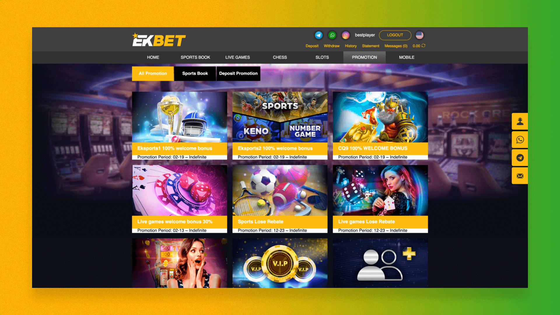 Page with current bonuses and promotions on the Ekbet website