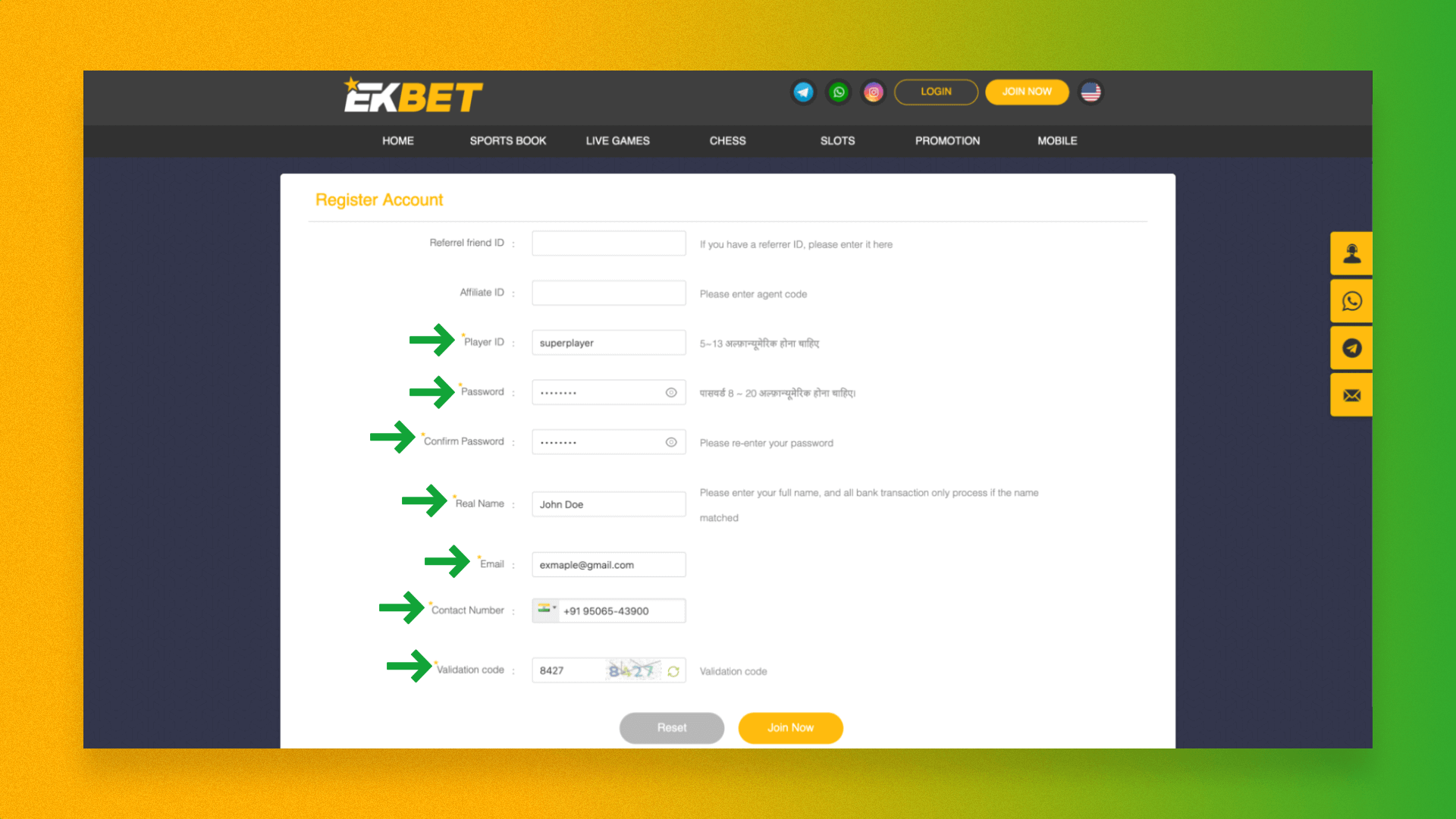 New Ekbet client registration form from India