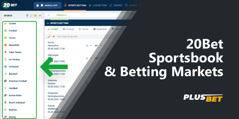 The list of sports on which 20Bet clients can bet