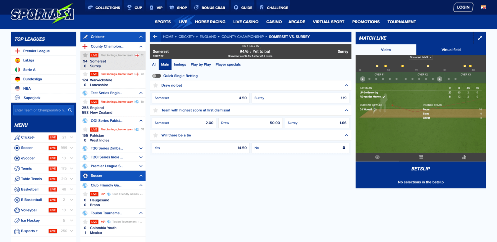 Betting and odds page at Sportaza