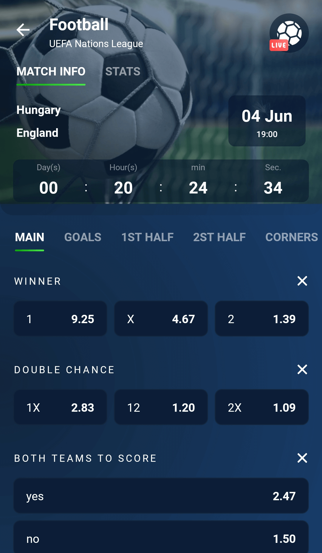 Betting and odds section in the 20Bet app