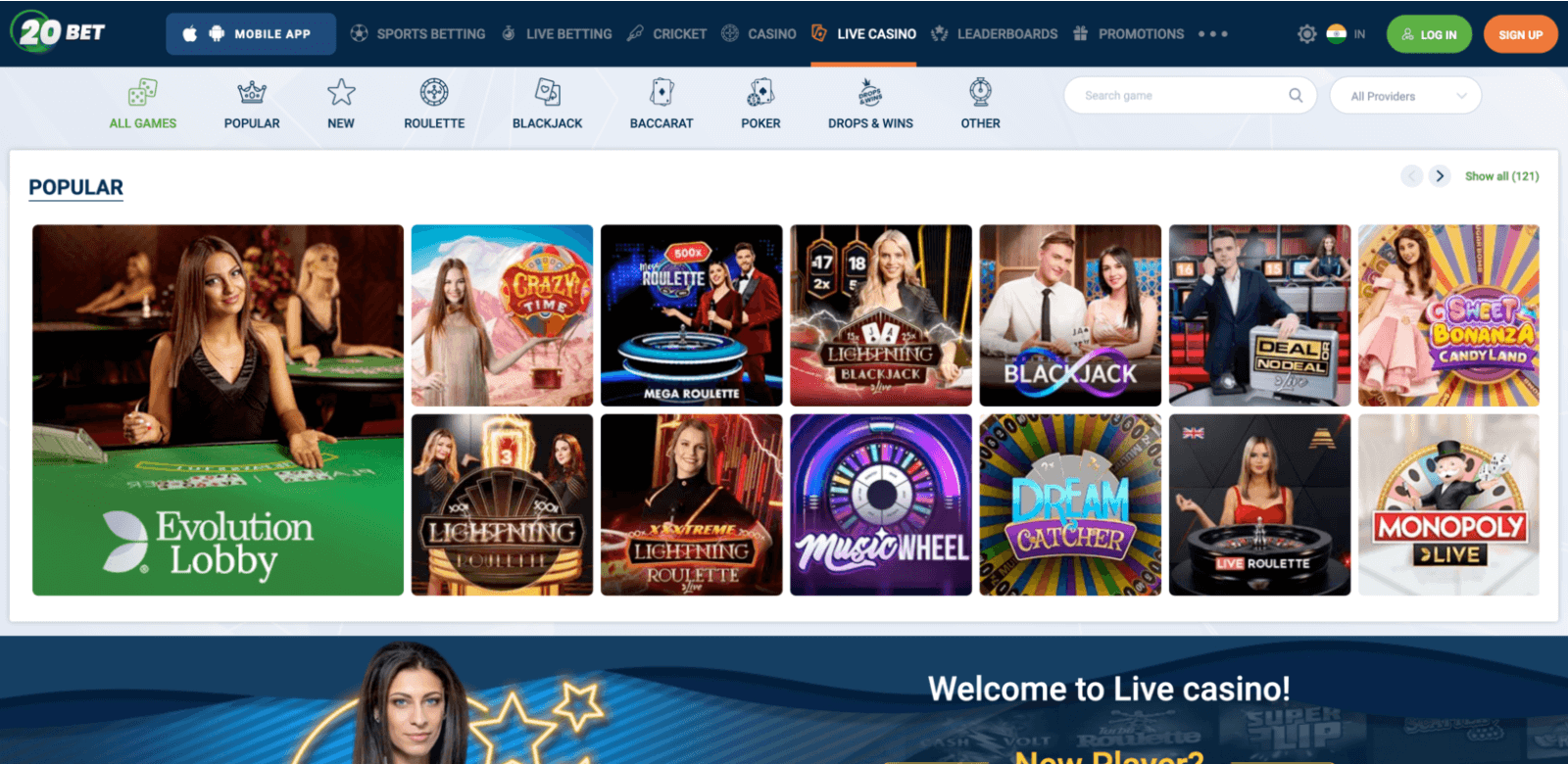 20Bet live casino section