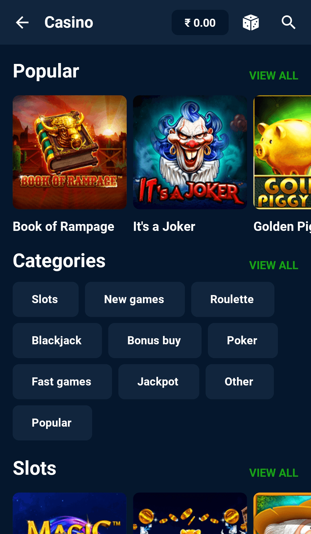 Casino section in the 20Bet mobile app