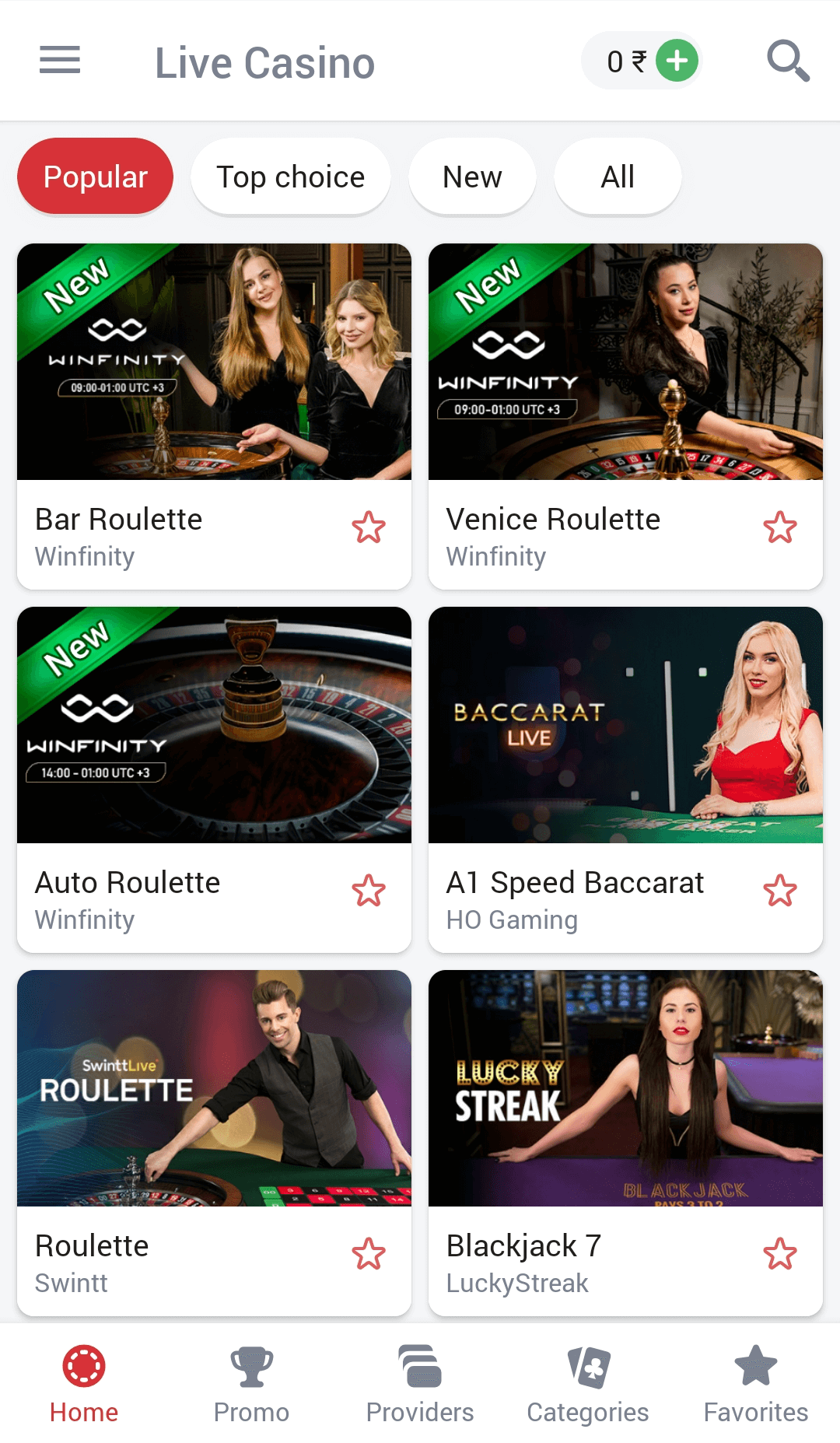 Live casino section on the 888Starz app
